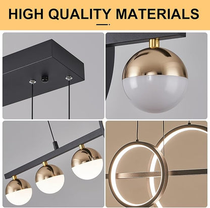 ORANOOR Modern Black Gold Chandeliers for Dining Room, Dimmable LED Chandelier Linear Pendant Light for Kitchen Island, 39in Globe Haning Pendant Chandelier Lighitng with Remote (2 Rings, 3000lm)