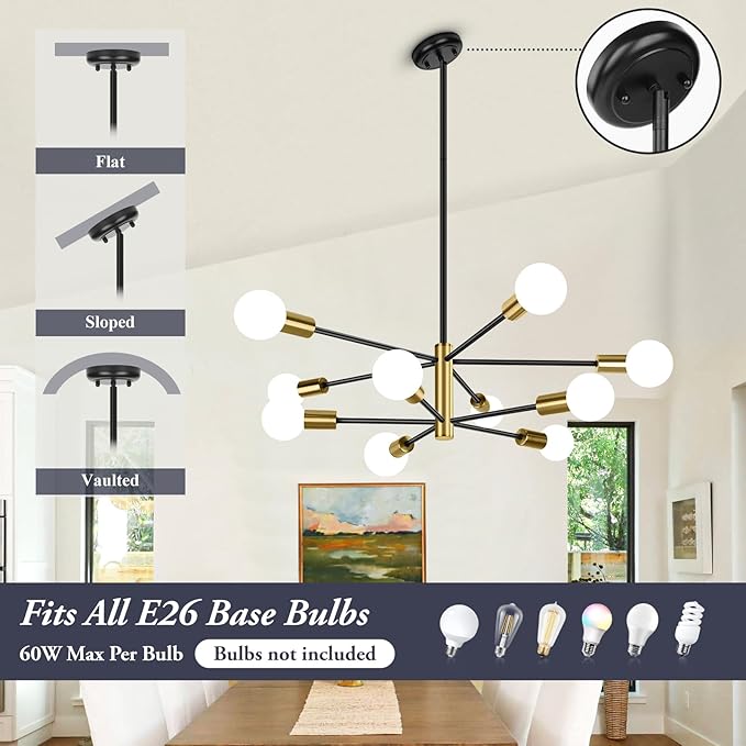 BesLowe 31'' 10-Light Modern Sputnik Chandelier, Mid Century Black & Gold Chandeliers Lighting, Farmhouse Ceiling Hanging Light Fixture for Dining Room Bedroom Room Kitchen Foyer, Height Adjustable