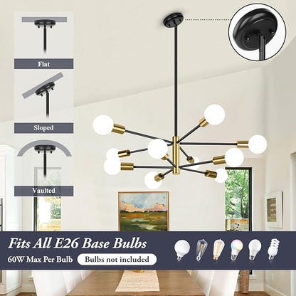 BesLowe 31'' 10-Light Modern Sputnik Chandelier, Mid Century Black & Gold Chandeliers Lighting, Farmhouse Ceiling Hanging Light Fixture for Dining Room Bedroom Room Kitchen Foyer, Height Adjustable
