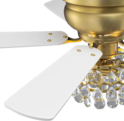 48" Crystal Ceiling Fan with Light and Remote, Brass Flush Mount Chandelier Ceiling Fan, 5-Blade Quiet Reversible AC Motor, Vintage Crystal Fandelier for Living Room Bedroom Dining Room