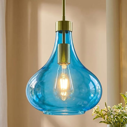 Modern Glass Pendant Light 9.44 in Blue Glass Shade Gold Farmhouse Island Pendant Lights for Kitchen Pendant Lighting Over Sink Bedroom Dining Room