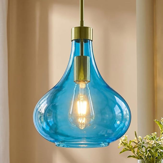 Modern Glass Pendant Light 9.44 in Blue Glass Shade Gold Farmhouse Island Pendant Lights for Kitchen Pendant Lighting Over Sink Bedroom Dining Room