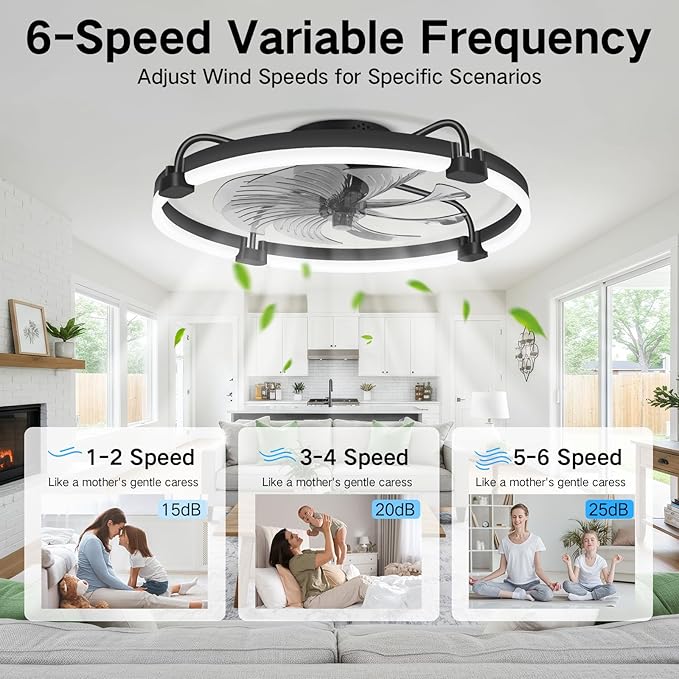 OUTON 24" Ceiling Fan with Light, Remote & App Control, Fandelier Low Profile Flush Mount Ceiling Fan with 3000K-6500K Stepless Dimmable, 6 Speed, Quiet DC Motor, Modern Ceiling Fans for Bedroom Black