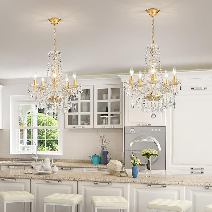 WUZUPS Crystal 5-Light Candle Chandelier Pendant Flushmount Ceiling Light Modern Lighting Fixture for Bedroom Hallway Bar Kitchen Bathroom, H 25" x W 20", Gold, E12 Base