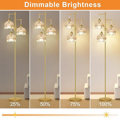 Dimmable Floor Lamps for Living Room Bedroom-3 Light Gold Floor Lamp with Glass Lampshape, Flower Tall Lamp Mid Century Modern Standing Lamp Glass Tree Floor Lamps for Living Room Bedroom,Corner