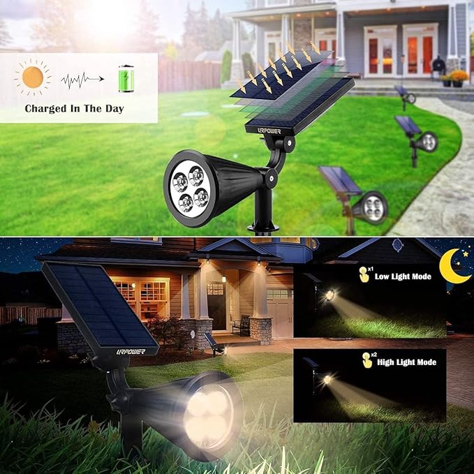 URPOWER Solar Lights Outdoor, 2-in-1 Solar Spot Lights Waterproof with 2 Lighting Modes, Adjustable Solar Powered Spotlights Auto On/Off Landscape Lights for Yard Garden Pathway, 2 Pack (Warm White)