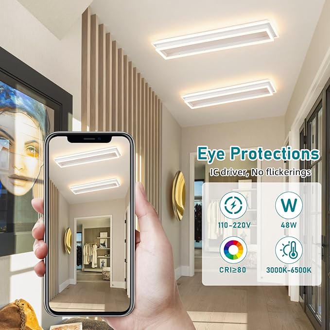 Dimmable Led Ceiling Light with Remote Control 31.5in Modern Linear Flush Mount Ceiling Lighting Fixture Acrylic Long Ceiling Lamp for Living Room Kitchen Dining Room Hallway (White, 2 Packs)