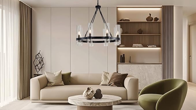 26 Inch Black Wagon Wheel Chandelier with Glass Shade, 8 Lights, Modern Farmhouse Style, Ideal for Dining Room, Kitchen, Entryways