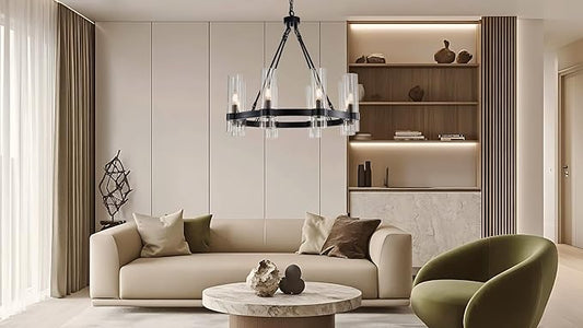 26 Inch Black Wagon Wheel Chandelier with Glass Shade, 8 Lights, Modern Farmhouse Style, Ideal for Dining Room, Kitchen, Entryways