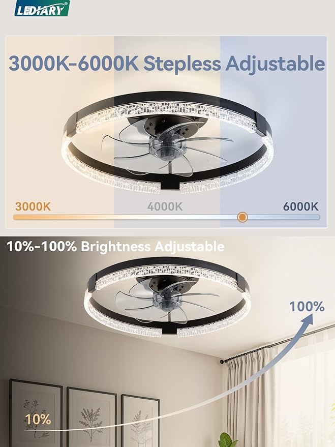 LEDIARY Flush Mount Ceiling Fan with Lights and Remote, 19.7'' Low Profile, 3000-6000K Dimmable Fandelier, 6 Wind Speeds, Black Modern LED Fan Light for Bedroom