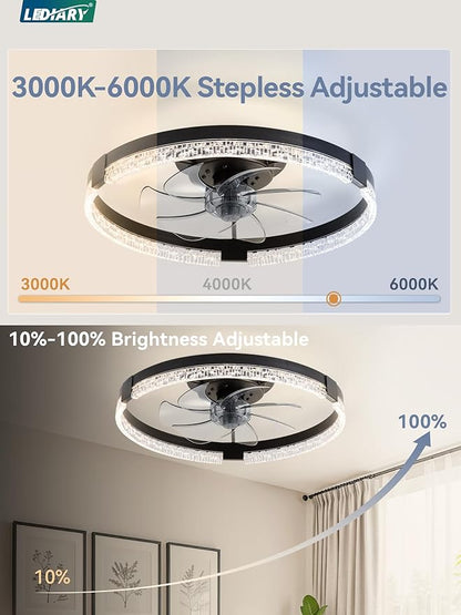 LEDIARY Flush Mount Ceiling Fan with Lights and Remote, 19.7'' Low Profile, 3000-6000K Dimmable Fandelier, 6 Wind Speeds, Black Modern LED Fan Light for Bedroom