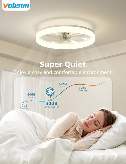 VOLISUN Low Profile Ceiling Fans with Lights and Remote, Ceiling Fan with Light Flush Mount, No Assembly, 3000K-6500K Dimmable, White Fandelier Ceilings Fans with Lights for Bedroom
