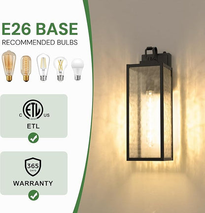 DORESshop 18 Inch Large Size Dusk to Dawn Outdoor Wall Lights, Matte Black Waterproof Anti-Rust Outdoor Light Fixtures Wall Mount with Water Ripple Glass Shade for Porch, with T30 Light Bulbs, 2 Pack