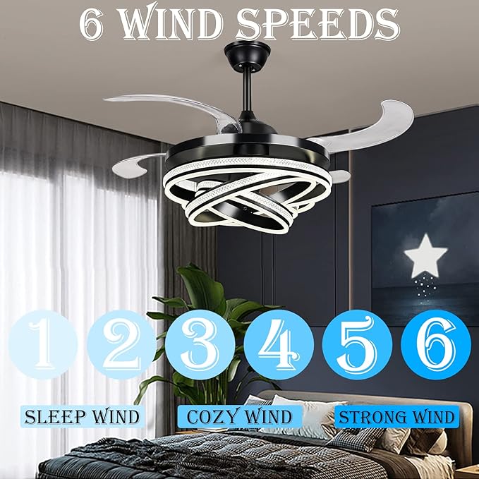 DatingDay 42" Invisible Ceiling Fan Chandelier Light,Modern Crystal DIY Ceiling Fan Light Remote Control 4 Retractable ABS Blades for Bedroom Living Dining Room Decoration (42", Black)