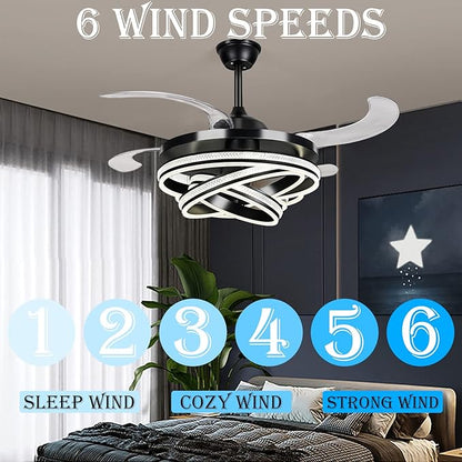 DatingDay 42" Invisible Ceiling Fan Chandelier Light,Modern Crystal DIY Ceiling Fan Light Remote Control 4 Retractable ABS Blades for Bedroom Living Dining Room Decoration (42", Black)