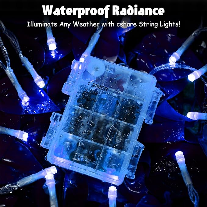 cshare String Lights Outdoor Waterproof 9.8ft 30 LED, Blue Fairy Lights Battery Operated with Timer Clear Wire for Indoor & Outdoor Christmas Halloween Decorations Garland Party Garden