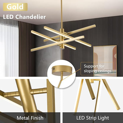Modern Gold Chandelier Light Fixtures: LED 4-Light Sputnik Dining Room Chandeliers Linear Pendant Lights Fixture Over Table Dimmable with Remote for Kitchen Island Living Room