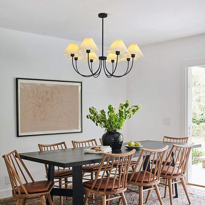 KCO Lighting Large White Pleated Chandelier 8 Light Black Chandelier Light Fixture Mid Century Modern Kitchen Light Nordic Vintage Pleated Pendant Lamp Industrial Dining Room Chandelier
