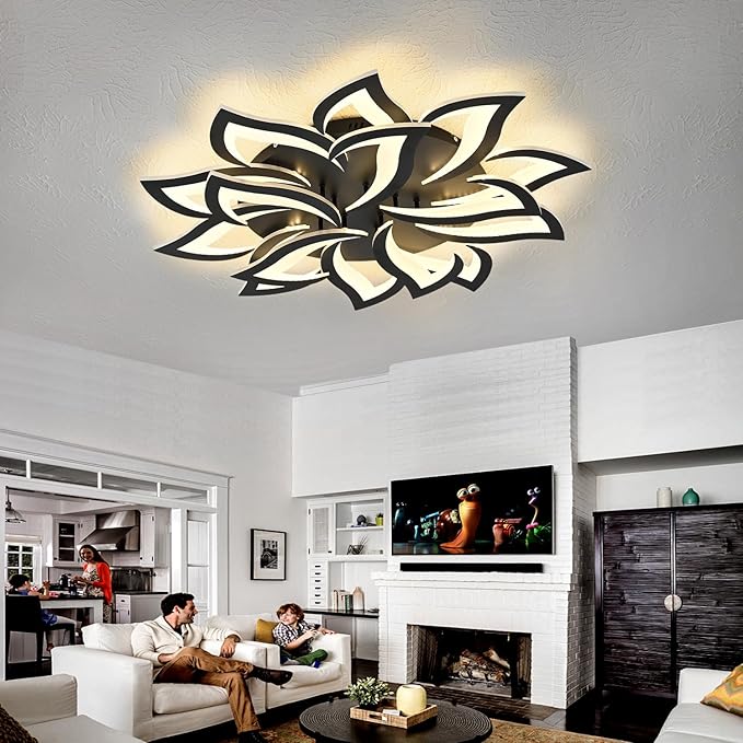 36" Black Modern Geometric Dimmable Ceiling Light Fixture, 15 Leaves Low Profile Flush Mount Ceiling Light for Kitchen, Bedroom, Living Room
