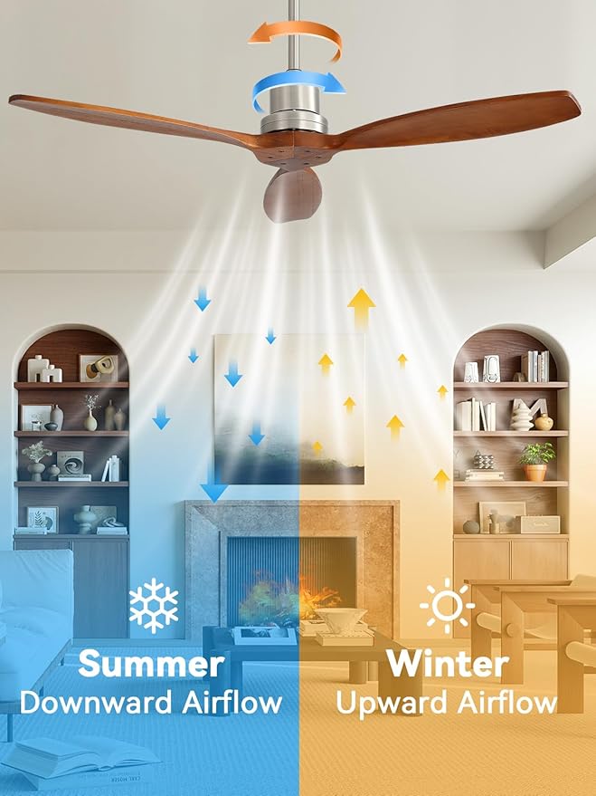 Sofucor Ceiling Fan no Lights, 52 Inch Modern Wood Ceiling Fan with Remote, 3 Wooden Blades and 3 White Downrods, for Indoor Bedroom Living Room Outdoor Patio Porch, Reversible DC Motor, Brown