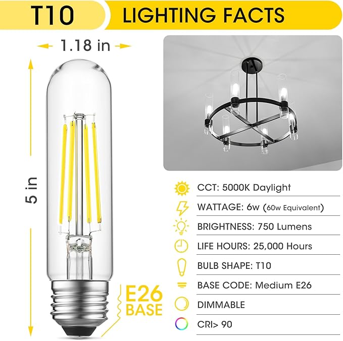 Gozelux E26 LED Bulb 6W Equal 60 Watt Light Bulbs Daylight 5000K E26 Edison Bulb AC120V 750LM Dimmable 5 Inch T10 LED Bulb Tubular for Rustic Pendant, Chandeliers, Wall Sconces, Pack of 4