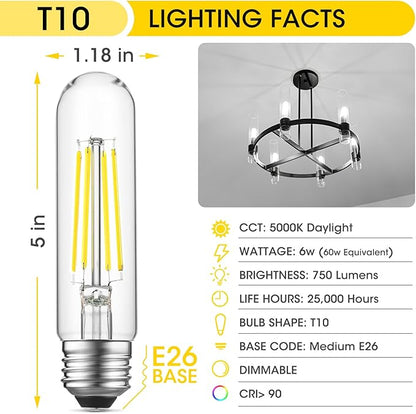 Gozelux E26 LED Bulb 6W Equal 60 Watt Light Bulbs Daylight 5000K E26 Edison Bulb AC120V 750LM Dimmable 5 Inch T10 LED Bulb Tubular for Rustic Pendant, Chandeliers, Wall Sconces, Pack of 4