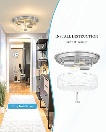 Brushed Nickel Flush Mount Ceiling Light Fixtures, 12 Inch 2-Light Light Fixtures Ceiling Mount with Seeded Glass Lampshade,Ceiling Light for Kitchen, Hallway, Entryway