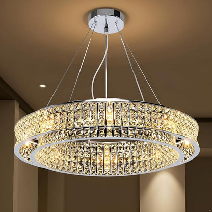 Modern Crystal Chandelier Round 16-Light Contemporary Hanging Ceiling Light Fixture Chrome Finish with Clear Rectangular Crystals Dining Room Living Room Bedroom Entryway Lighting Easy Install 31.5''