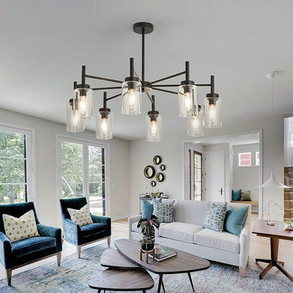 hesoge Black 8-Light Large Modern Chandelier,Clear Glass Metal Ceiling Light Fixture，Farmhouse Pendant Hanging for Kitchen Dining Room Living Room Bedroom.