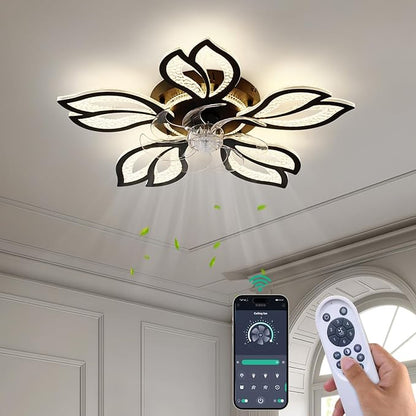 Yfrest Geometric Ceiling Fan with Light, Black, 26', 3000K-6000K, Remote Control, Low Profile, for Bedroom