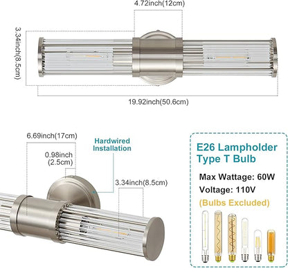 Brushed Nickel Wall Sconce Bathroom Vanity Light Fixtures for Mirror, Modern Wall Light with Glass Rod Shade for Bathroom, Bedroom, Hallway, Living Room - Bulb Not Included