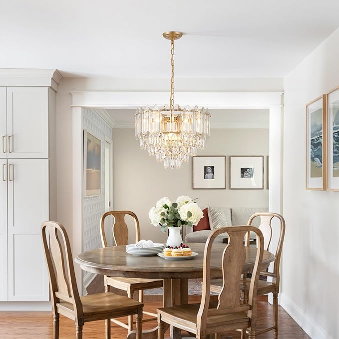 A AXILIXI Modern Crystal Chandelier Gold 20" K9 Crystal Chandelier 5-Tier 9 Lights Luxury Pendant Lighting Adjustable Chandeliers Lamp for Living Room Dining Room Bedroom Foyer Entryway, E12