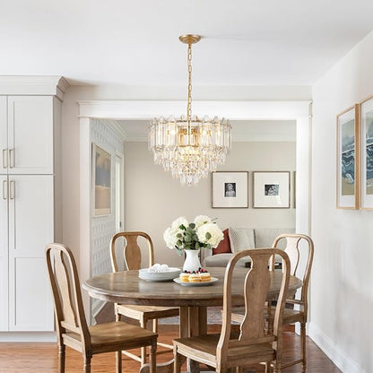 A AXILIXI Modern Crystal Chandelier Gold 20" K9 Crystal Chandelier 5-Tier 9 Lights Luxury Pendant Lighting Adjustable Chandeliers Lamp for Living Room Dining Room Bedroom Foyer Entryway, E12