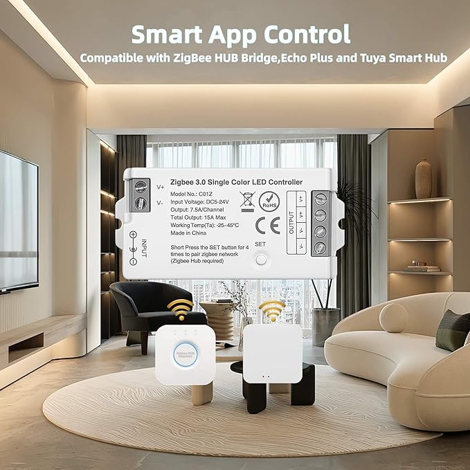 Dimmable Smart ZigBee 3.0 LED controller,compatible with Hub Bridge,Tuya Gateway,Echo Plus for App/Alexa Voice Control Single Color LED Strips DC5V~24V Max 15A(only a ZigBee monochrome controller)