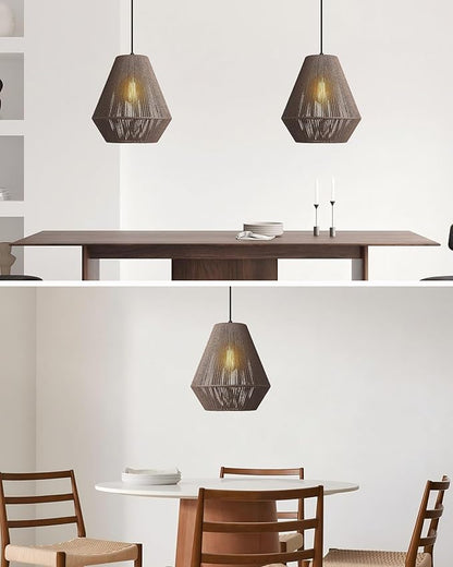ELYONA 12” Woven Pendant Light for Kitchen Island Farmhouse Boho Hanging Lamp with Handwoven Rattan Basket Shade Adjustable Pendant Light Fixtures for Dining Room Bar Bedroom Foyer Hallway Dark Brown