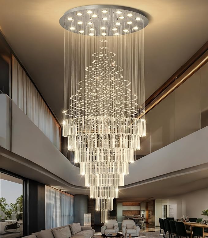 HAIXIANG W47 x H120 Crystal LED Chandelier with Light Bulbs Luxury Raindrop High Ceiling Chandeliers for Entryway Villa Staircase Foyer Living Room Lighting Fixtures Silver