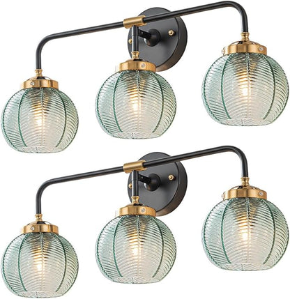3-Light Bathroom Vanity Lights Vintage Bathroom Sconce Lights with Green Ribbed Glass Shade Mid Century Modern Light Fixture Art Deco Wall Lamp Mirror Over Vanity Light fixtures