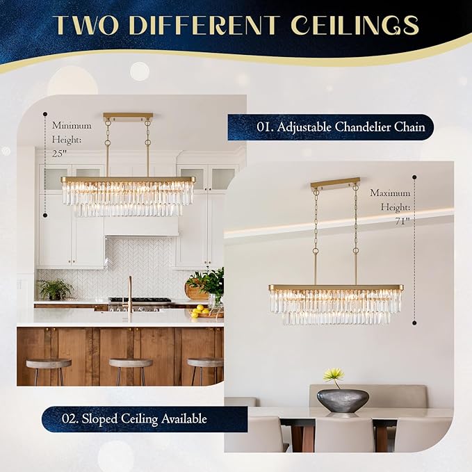 Rectangular Crystal Chandeliers K9 Luxury Gold Chandelier L33.5” Rectangle Linear Pendant Light Fixtures 11 Lights Contemporary for Kitchen Island Dining Room Living Room Bar