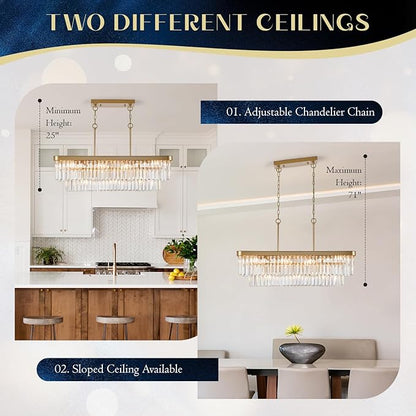 Rectangular Crystal Chandeliers K9 Luxury Gold Chandelier L33.5” Rectangle Linear Pendant Light Fixtures 11 Lights Contemporary for Kitchen Island Dining Room Living Room Bar