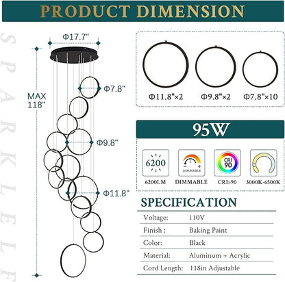 14 Rings Modern LED Chandelier for High Ceiling Dimmable Black Contemporary Foyer Long Chandelier for Entryway, Long Pendant Light Fixture Staircase Dining Living Room, 3000-6500K