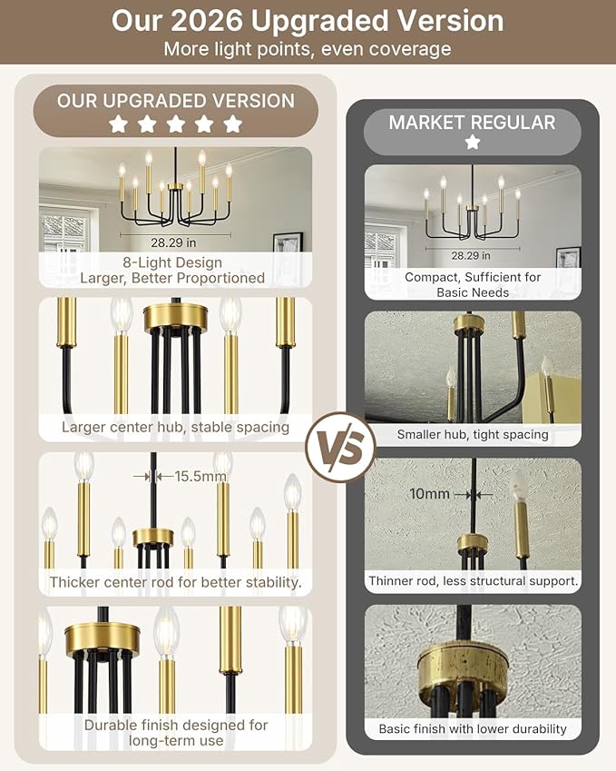 Yunnix 8 Light Black and Gold Chandeliers for Dining Room Lighting Fixtures Hanging, Modern Farmhouse Chandelier for Entryway, Foyer, Staircase, Kitchen and Living Room