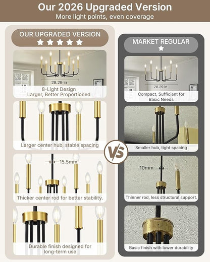Yunnix 8 Light Black and Gold Chandeliers for Dining Room Lighting Fixtures Hanging, Modern Farmhouse Chandelier for Entryway, Foyer, Staircase, Kitchen and Living Room