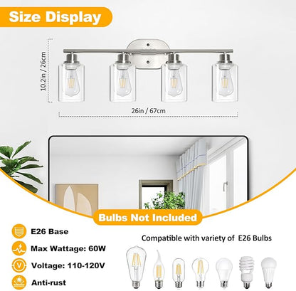 Unicozin Bathroom Light Fixtures, 4 Light Vanity Lights for Bathroom, Brushed Nickel Wall Lamp with Clear Glass for Mirror, Living Room, Hallway, Cabinet, E26 Base
