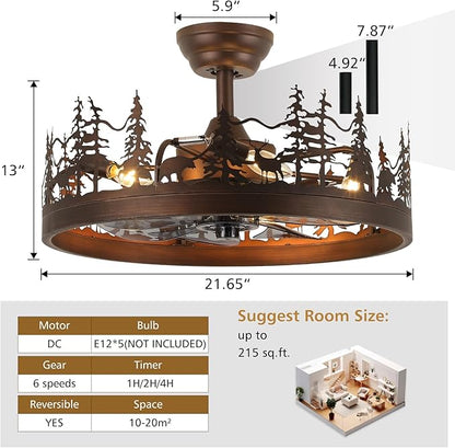 Farmhouse Rustic Ceiling Fan with Light, 21" Vintage Cage Ceiling Fans with Lights, Rustic Ceiling Fan for Living Room, Bedroom, Hallway, Entryway Lighting
