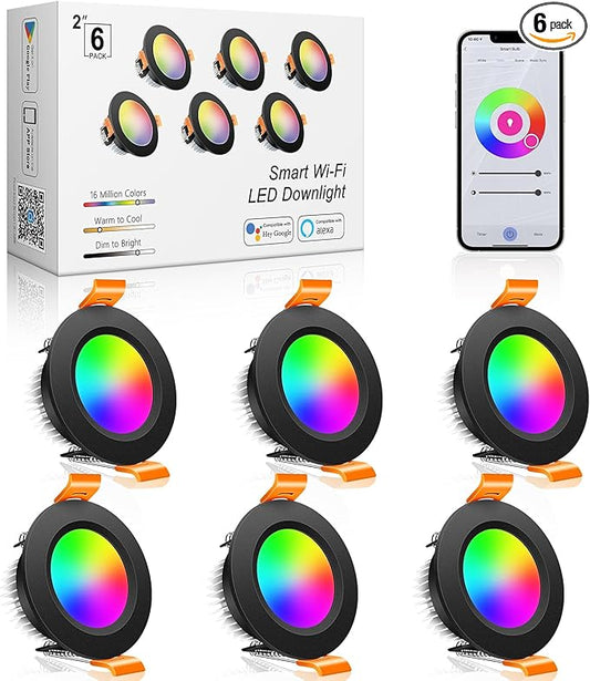 inShareplus 2 Inch Smart LED Recessed Lighting, 5W WiFi RGB Downlight, CCT 2700K-6500K Dimmable Color Changing Ceiling Light with LED Driver, Compatible with Alexa and Google Home, 120V, 6 Pack, Black
