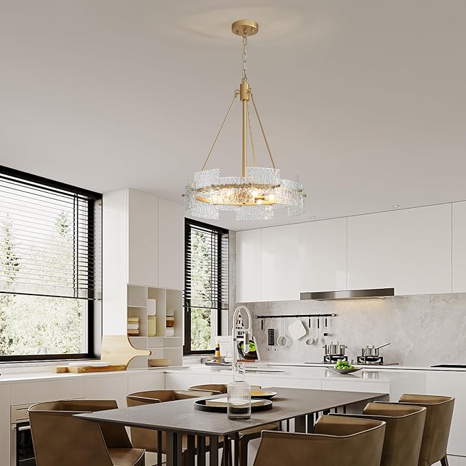 XINGQI 6-Light Modern Gold Glass Chandelier 19.7" Drum Light Fixture Round Water Ripple Pendant Lighting for Dining Room Living Room Kitchen Island Office