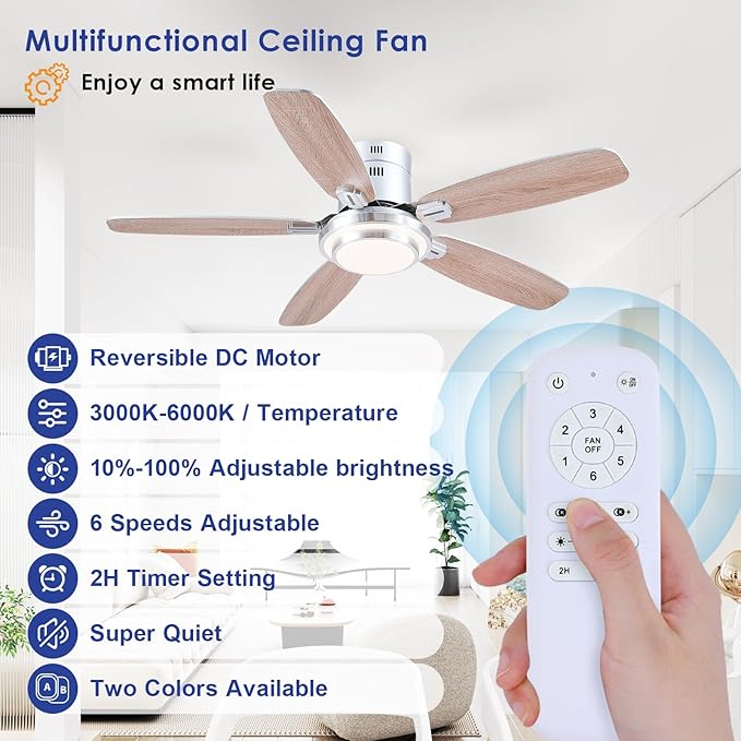 Hounberi 50 Inch Low Profile Ceiling Fans with Lights and Remote, Modern Flush Mount Brushed Nickel Ceiling Fan, 3CCT, Dimmable, Quiet DC Reversible Motor, for Bedroom Living Room Indoor/Outdoor Use