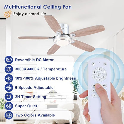 Hounberi 50 Inch Low Profile Ceiling Fans with Lights and Remote, Modern Flush Mount Brushed Nickel Ceiling Fan, 3CCT, Dimmable, Quiet DC Reversible Motor, for Bedroom Living Room Indoor/Outdoor Use