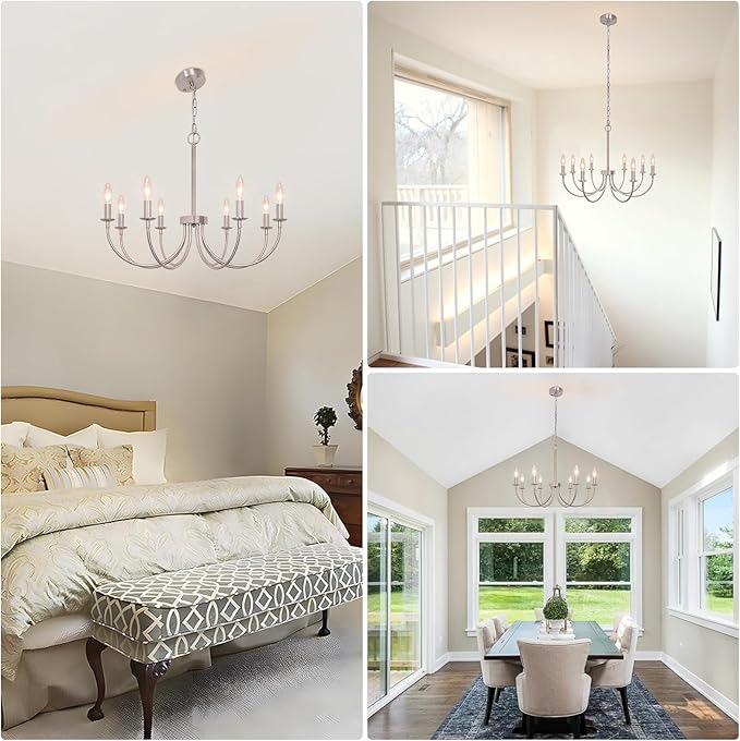 8-Light Farmhouse Chandelier, Brushed Nickel Dining Room Light Fixtures, Industrial Modern Candle Chandeliers for Living Room, Bedroom, Foyer, Kitchen, Entryway
