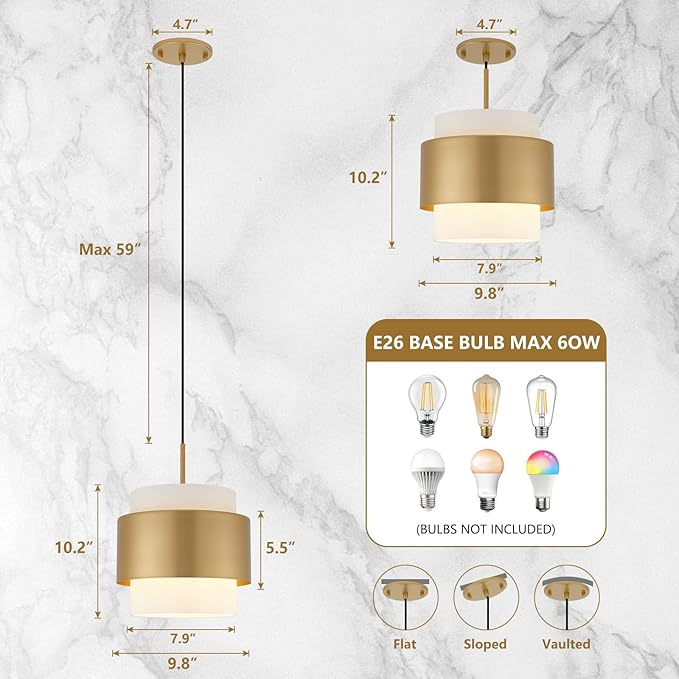 9.8" Pendant Lights Kitchen Island, Farmhouse Pendant Lighting with Milky White Glass Lampshade, Industrial Hanging Pendant Lights Fixture for Kitchen Island Dining Room Hallway